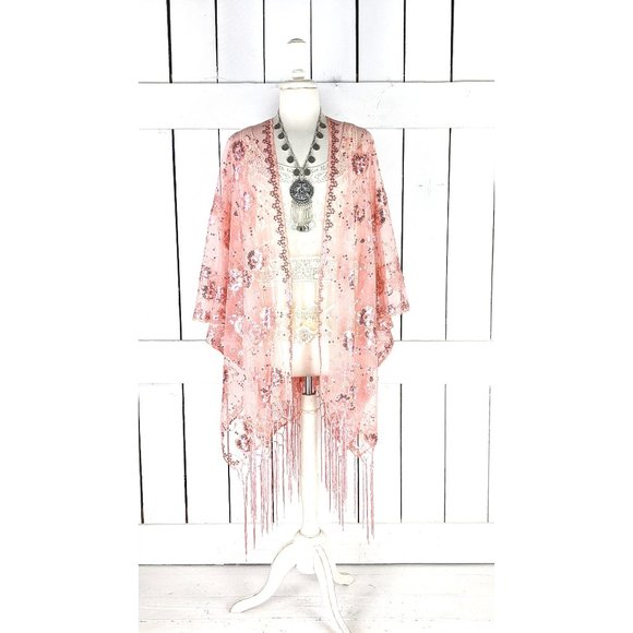 Sheer peach pink net sequin floral fringe kimono cardigan cover up jacket - Picture 1 of 7